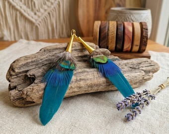 Nature Inspired Peacock Feather Earrings, Boho Statement Jewelry, Earthy Blue Green Feather Earrings, Woodland Festival Style, Alt Earrings
