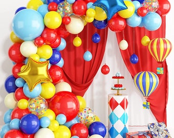 Kit de arco de globos de circo de carnaval, globos de látex rojos, azules y amarillos