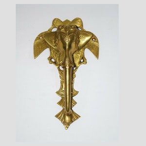 Brass Lord Ganpati Head Shape Knocker | Crafted Base Elephant Trunk Door Bell | Temple Church Gateway Furnishing