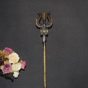 Brass Antique Trishul Poseidon Religious Symbol | 14&#39;&#39; Inches Long Mahadev Trident Spiritual Decor | Weight- 880 Grams Approx.