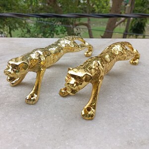 May include: Two gold-colored metal leopard door handles. The handles are detailed with a leopard print pattern and have a realistic look.