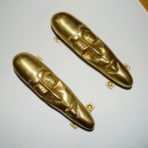 Long Tribal Face Brass Door Handle Pair | Closed Eyes Smiling Buddha Cupboard Pull | Garden Furniture Chinese Homeware Look