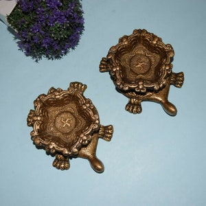 Brass Tortoise Base Oil Diyas Lamp Pair | Ornate Design Wick Lamp Turtle Art Diya Decor