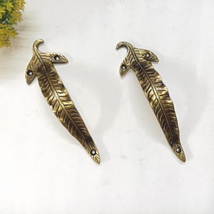 Lacquered Brass Leaf Window Grab Pull | Brass Nature Theme Door Handle Pair