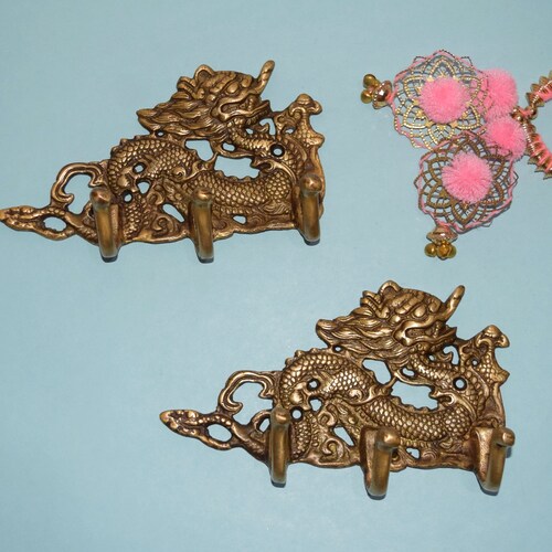 Brass Chinese Dragon Wall Mount Hanger | Asian Serpent shops Wall Hanging Coat Hook | Set of 02 Pieces