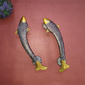 11" Inch Tuna Fish Front Door Pull Set | Brass Nautical Creature Door Handle Pair | Home and Office Door Unique Hardware