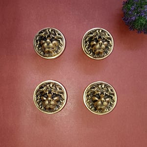 Può includere: Quattro tiretti per cassetti a testa di leone dorati con un design dettagliato.