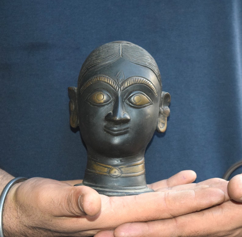 Antique Head of Indian Goddess Kali Brass Angry Deity Face
