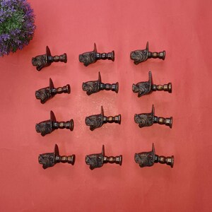 Op de afbeelding: Een verzameling van twaalf bronzen ladeknopen. Elke knop heeft een gedetailleerd leeuwenkopontwerp en een cilindrische handgreep. De knoppen zijn gerangschikt op een rode achtergrond, met een kleine paarse plant in de linkerbovenhoek.