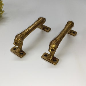 Può includere: Due maniglie per porte in ottone antico con disegni decorativi. Ogni maniglia presenta una testa di animale stilizzata all'estremità e un corpo testurizzato decorativo.