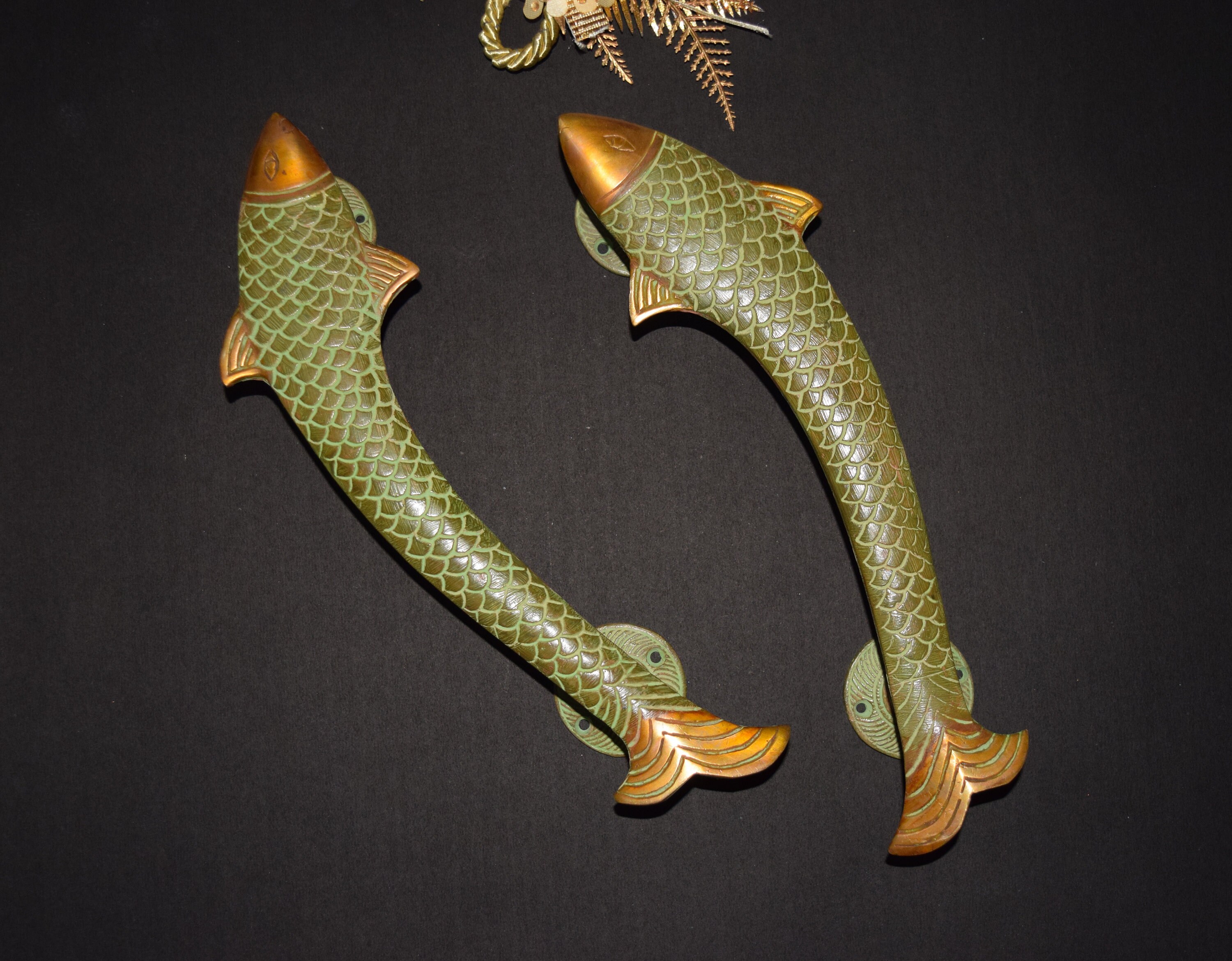 11.5'' Inches Piranha Fish Door Puller Brass Handle Set Round Base ...