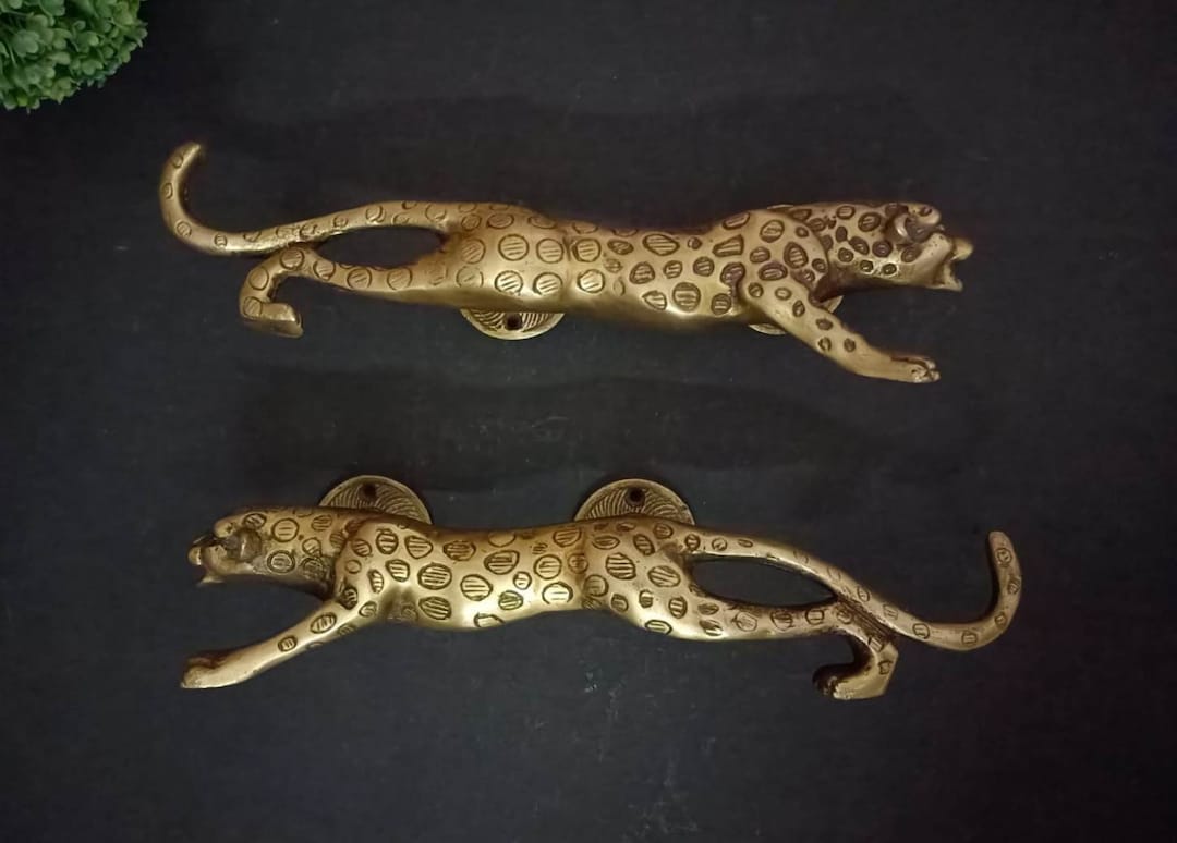 Brass Jaguar Door Handle Set Round Base Wild Cat Shape Door Etsy