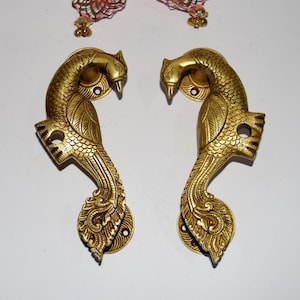Magnificent Bird Ethnic Room Door Puller | Engraved Brass Peacock Handle Set | Traditional Homeware Main Gate Welcome