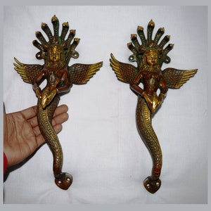 13&quot; Inches Mermaid Queen Door Handle | Brass Snake Goddess Door Pull Set | Restaurant Welcome Decor