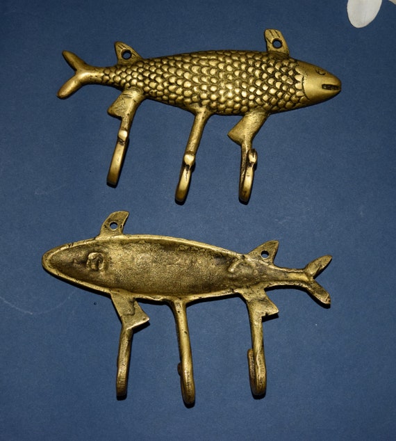 Ocean Trout Brass Design Triple Hook Coastal Fish Wall Hooks Pair