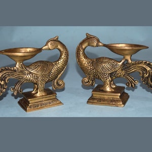 Glowing Peacock Hand Etched Carved Diya | Brass Peafowl Figure Oil Wick Lamp Holder | Set of 02 Pieces