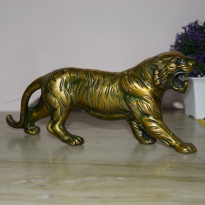 Polished Brass Angry Tiger Statue Beast Jungle King | Ferocious Wild Animal Tableware Decorative Showpiece  | Weight- 1550 Grams Approx.