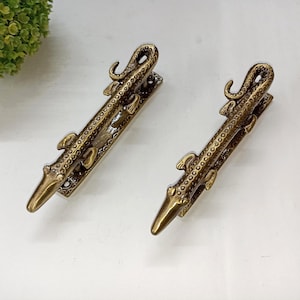 Lacquered Brass Reptile Theme Cabinet Puller | Pond Alligator Design Door Handle Pair Hardware