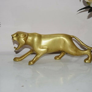 Golden Panther Sculpture | Angry Leopard Statue | Brass Gift Open Mouth Tiger Statue