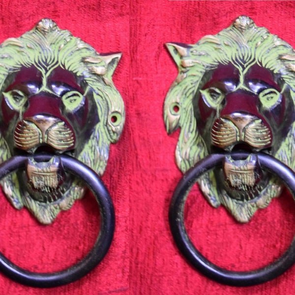 Lion Head Door Knocker | Brass Wild Cat Theme Door Bell | Set of 02 Pieces