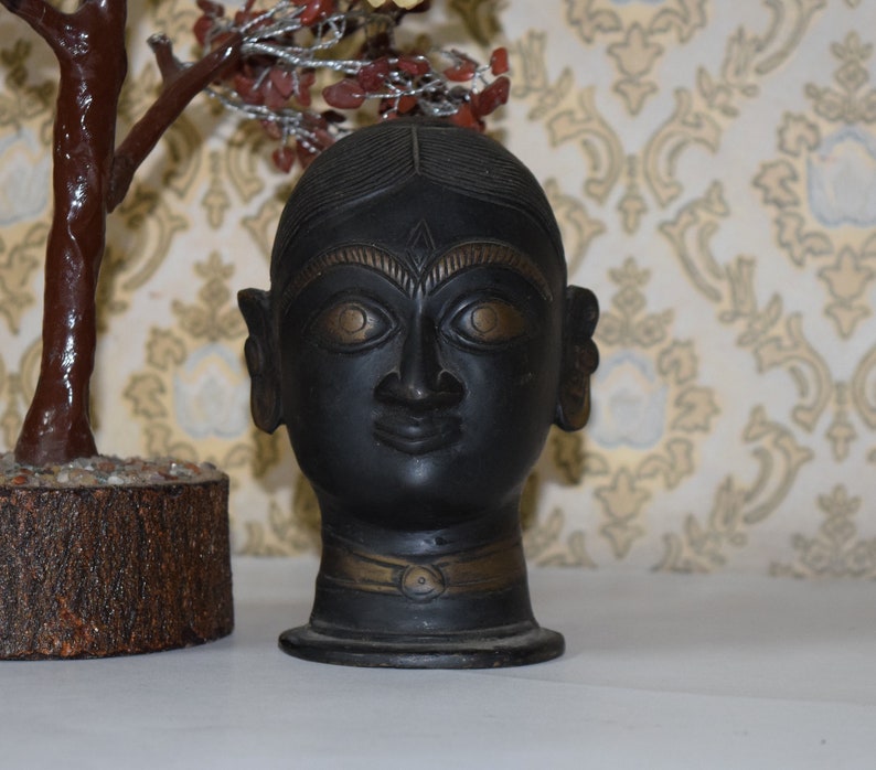 Antique Head of Indian Goddess Kali Brass Angry Deity Face