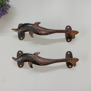 Brass Dolphin Door Handles Hardware | 7.5&quot; Inches Fish Nautical Creatures Shape Door Pull Set | Bedroom Door Hardware Decor