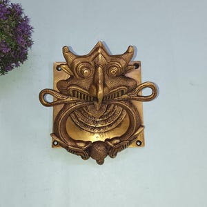 South Temple Kirtimukha Brass Doorbell | Chinese Dragon Yali Mouth Door Knocker | Main Housewarming Doorware Accessories