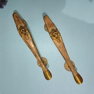 May include: Two ornate brass door handles with lion head designs. The handles are a dark brown color with gold accents.