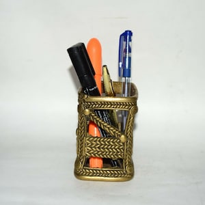 Tribal Art Design Pen Holder | Brass Bastar Art Flower Pot | Study Room Table Decoration