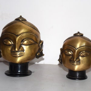 Goddess Gauri Head Sculpture | Brass Religious Lord Shiva Wife Face | Home Temple Decoration | Set of 02 Pieces