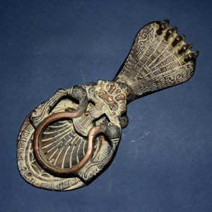 Pure Vintage Krishna Snake Crown Door Bell | Aged Brass Venomous Cobra Yali Knocker | Rich Patina Antique Black Finish Hardware