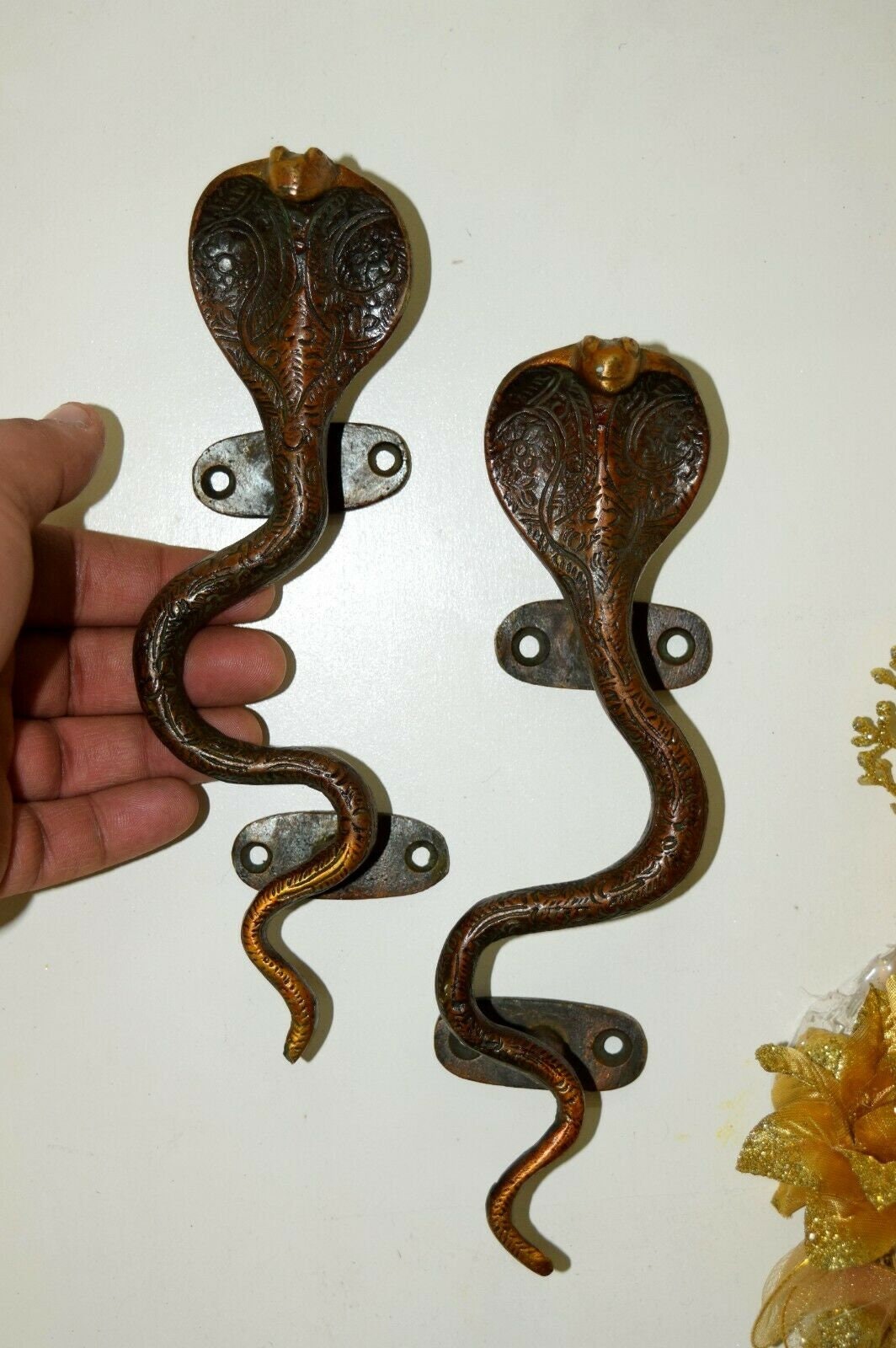 Brass Snake Door Handle Pair 8.5'' Inches Long Reptile Design Door Pull EK100 