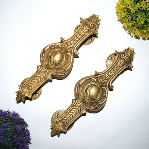 Engraving Floral Shape Door Pull | Heavy Door Brass Handle Pair | Home Decor