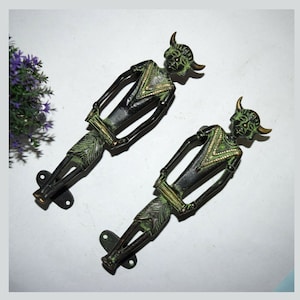 Tribal Men Door Handle Pair | Brass Monster Men Playing Drum Almirah Pull
