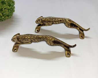 Lacquered Brass Jaguar Front Door Puller | Leopard Animal Door Handle Pair Home Decor WSR1