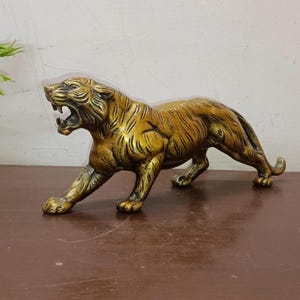 Walking Tiger Sculpture | Brass Wild Cat Statue Corner Table Decoration