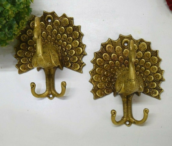 Dancing Peacock Bird Antique Style Handmade Brass Wall Hanger Key Cup Cloth Hook 