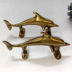 Ocean Dolphin Design Door Handle Pair | Lacquered Brass Sea Creature Door Pull Hardware Decor