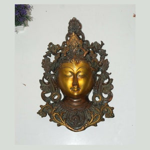 11&#39;&#39; Inches Tara Face Wall Sculpture | Brass Religious Head Tara Devi Wall Decor | Weight: 1.8 KG Approx