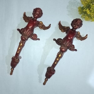 Dörrhandtag till babysäng i mässing, par | Dekoration för entrédörr i mässing, flygande cupid, pojke | Totalvikt - 1740 x 2 = 3,480 kg ca.