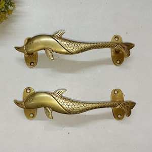 7.5&quot; Inches Nautical Dolphin Door Pull Set | Brass Fish Sea Creatures Design Door Handle | Baby Room Door Hardware Decor