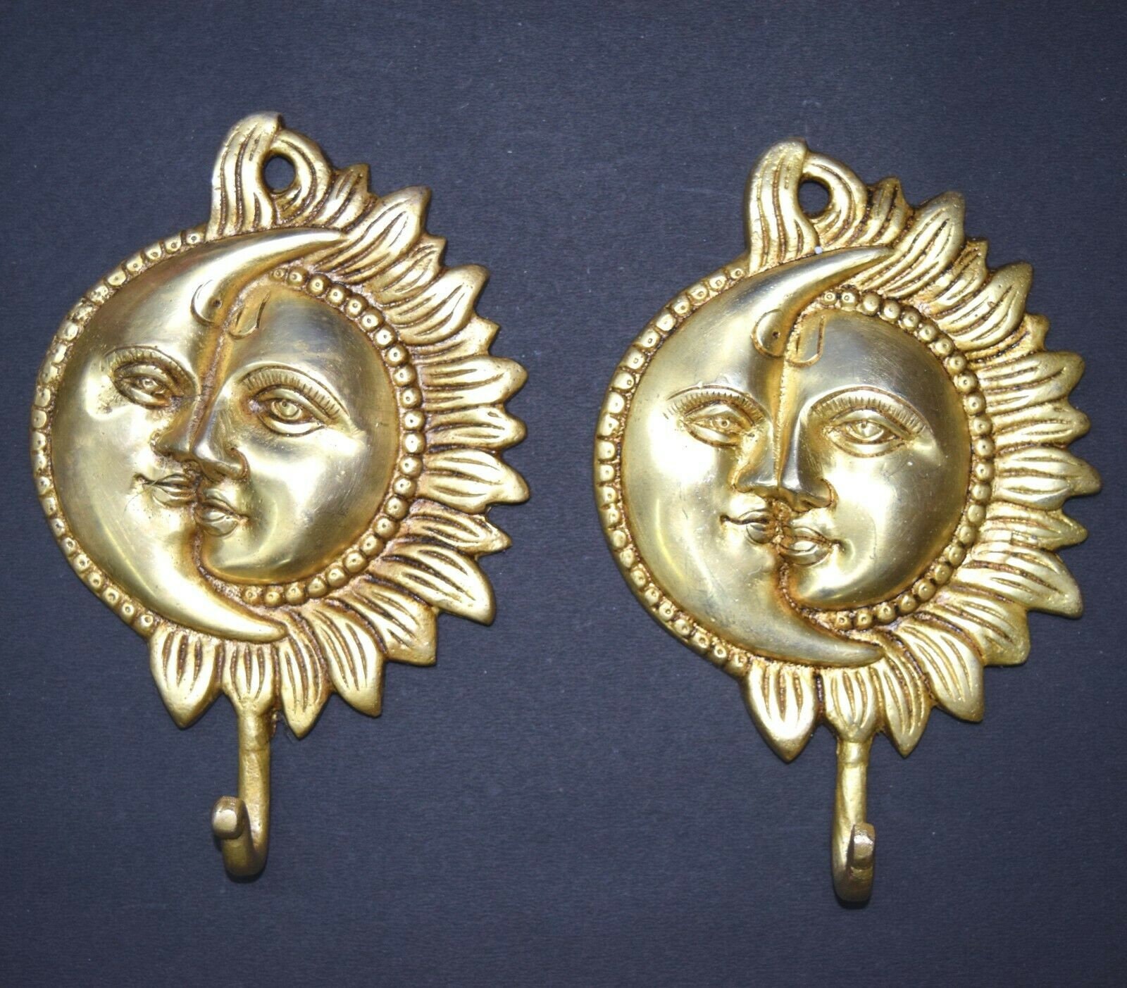 Sun Moon Face-muurhaak | Sunshine-muurhaak messing | Wanddecoratie woonkamer