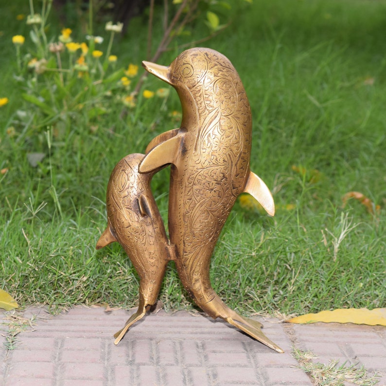 Dolphin Mother and Baby Standing Statue | Brass Domestic Dolphin Dolphin Mother and Baby Standing Statue | Brass Domestic Dolphin