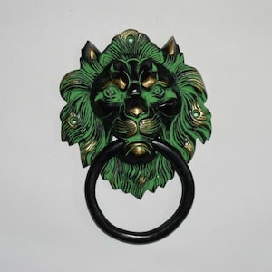 Brass Hunter Lion Door Knocker | 9&#39;&#39; Inches Big Cat Face Mask Design Door Bell