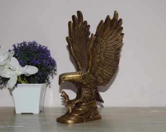 Golden Color Brass Asian Flying Eagle Statue | Trinetra Garuda Fengshui Kite Sculpture | Weight- 1 KG Approx.