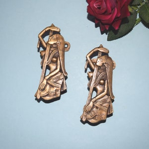 Saraswati Mirabai Tribal Female Cabinet Pull | Brass Tanpura Lady Door Handles Pair