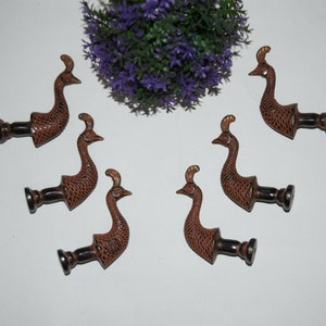 May include: Six decorative peacock-shaped drawer pulls. The pulls are brown with a textured pattern on the body and a black base. The pulls are arranged in a circular pattern against a white background, with a purple plant in the background.