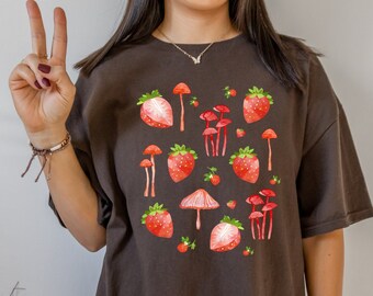 Strawberry Shirt Mushroom Shirt Cottagecore Clothing Fruit Shirt Botanical Shirt Alt Goblincore Clothing Mushroom Tshirt Mushroom Top