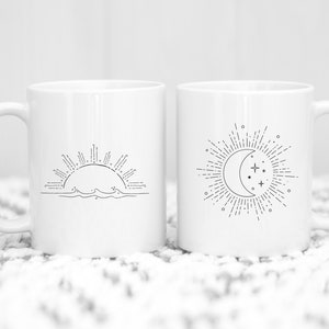 Celestial Sun and Moon White Ceramic Mug 11 or 15 oz, Spiritual Cosmic Astrology, Boho Design Mug
