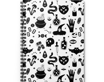 Witchy Cottage Core Black and White Mushroom Skull Cat Notebook Witch Journal Dream Journal Halloween Gothic Daily Gratitude Journal